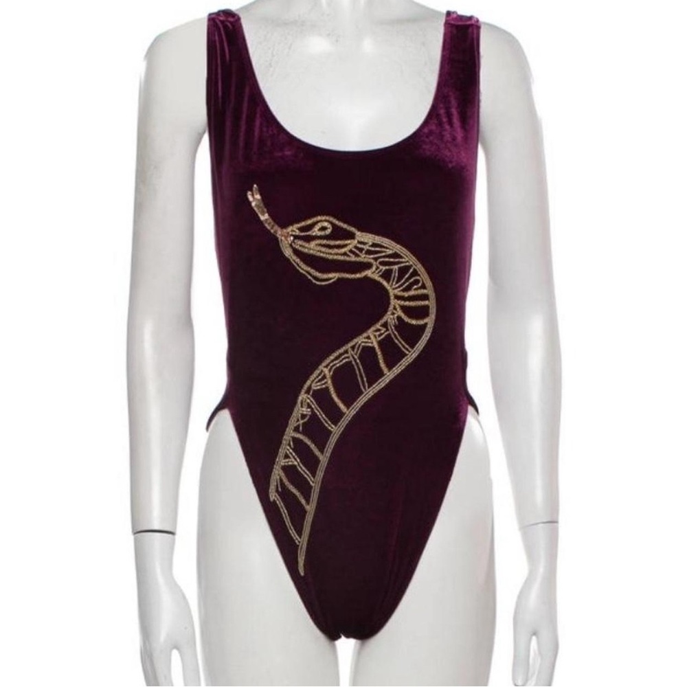 Oceanus Velvet Bodysuit with Gold Snake Design